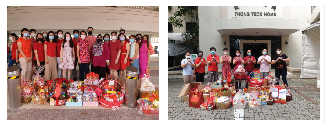 TKGS staff posing with festive gift hampers during a Chinese New Year community outreach activity. TKGS staff delivering festive gift hampers to Thong Teck Home for Senior Citizens.
